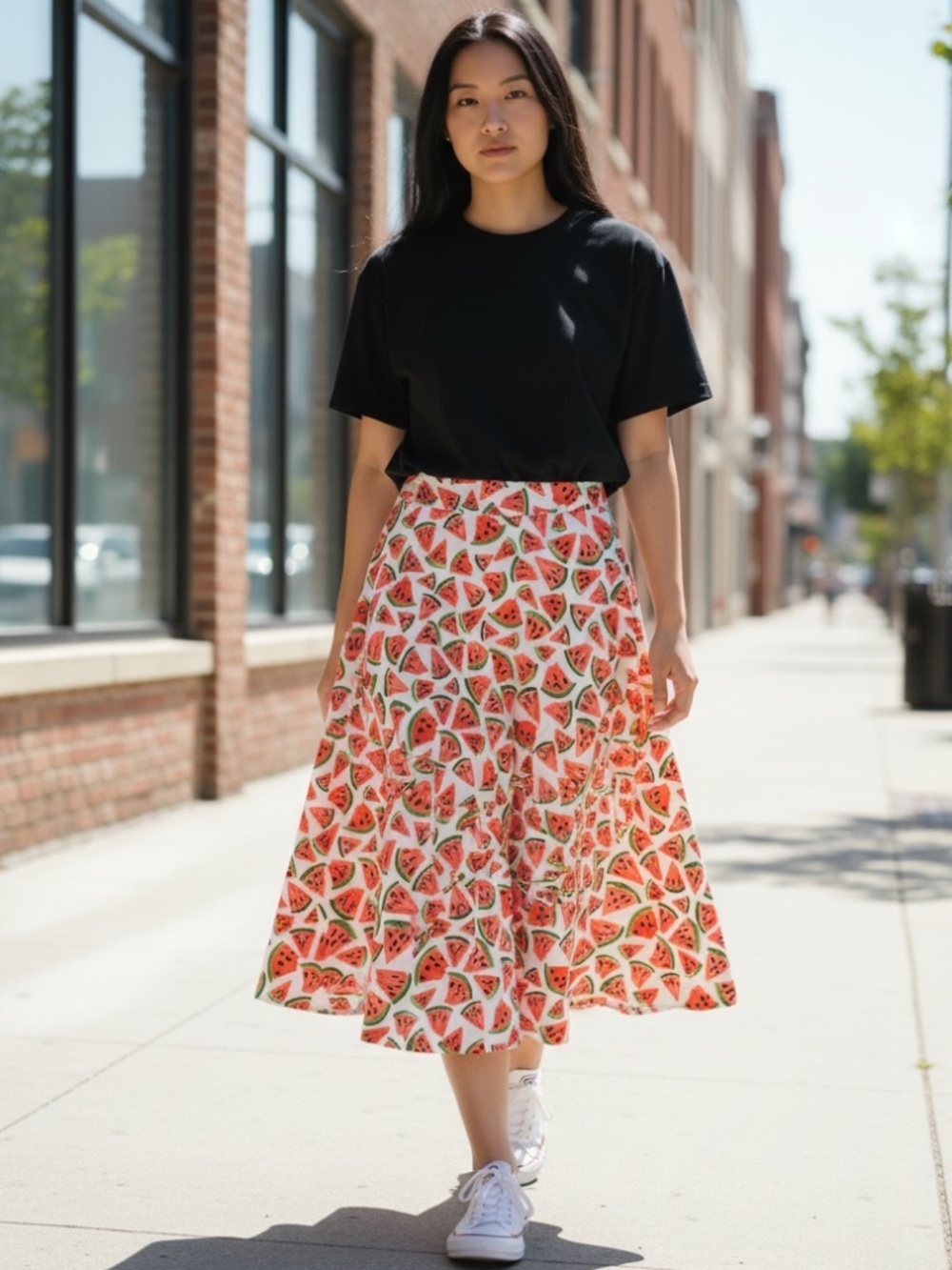 Anthropologie Red Watermelon Print Cotton Full A-Line Pockets Midi Skirt Size 6